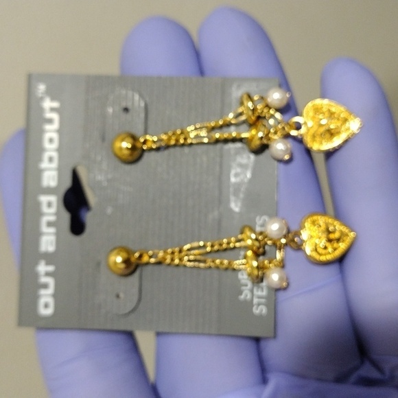 Women's Polished Gold-tone Beaded Post Drop Heart Charm Drop Dangle Earrings 2" - Picture 5 of 5